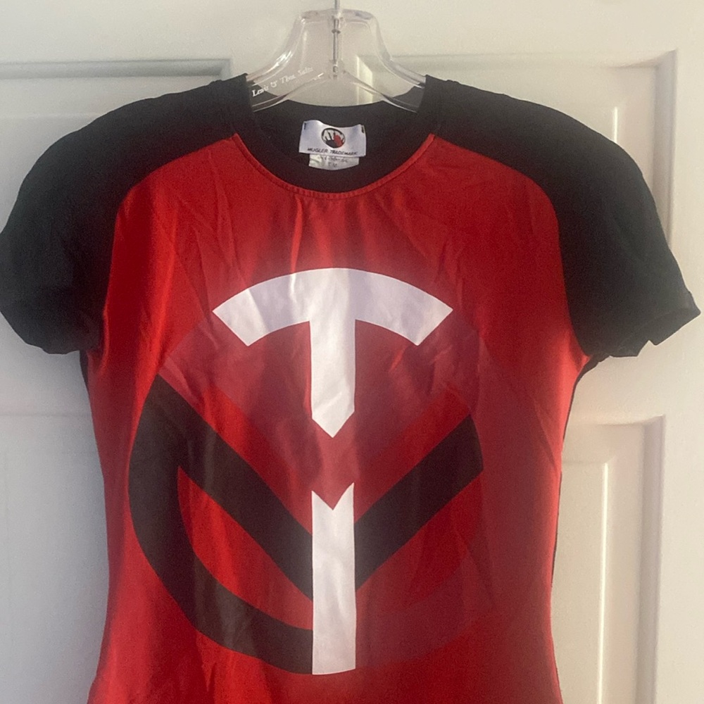 Mugler Trademark Vintage T-shirt. Made in Portugal. Size Medium. Red black white